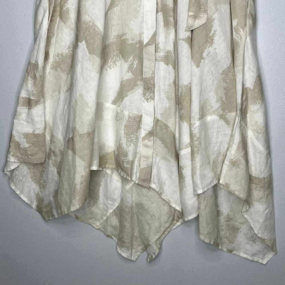 DKNY Dress Linen Tie Waist Beige White‎ Asymmetrical Hem Hidden Button Front 10 - Picture 9 of 14